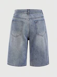 ROMWE Grunge Punk 星星印花破洞牛仔短褲 - 淺色水洗藍 - 查看 2