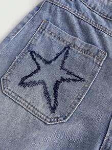 ROMWE Grunge Punk 星星印花破洞牛仔短褲 - 淺色水洗藍 - 查看 3