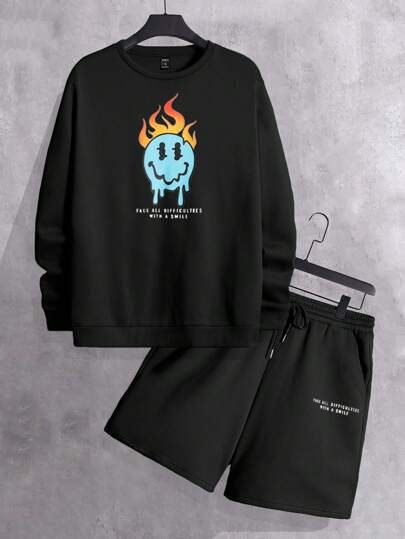 Manfinity RebelGame 男式标语和卡通图案卫衣和抽绳腰短裤，适合秋冬