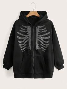 CovetEZ Sudadera con capucha y cremallera con diseño de esqueleto de strass y hombros caídos, talla grande - Negro - Ver 1