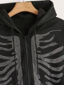 CovetEZ Sudadera con capucha y cremallera con diseño de esqueleto de strass y hombros caídos, talla grande - Negro - Ver 4