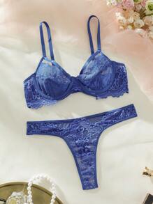 SHEIN Floral Lace Cut Out Underwire Lingerie Set - Blue - View 6