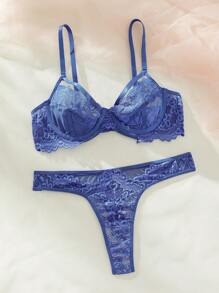 SHEIN Floral Lace Cut Out Underwire Lingerie Set - Blue - View 7