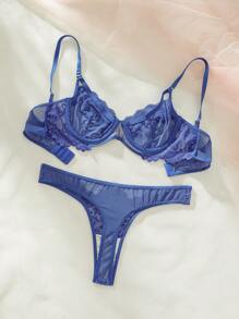 SHEIN Floral Lace Cut Out Underwire Lingerie Set - Blue - View 8