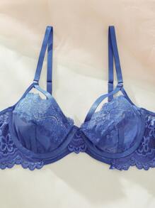 SHEIN Floral Lace Cut Out Underwire Lingerie Set - Blue - View 9