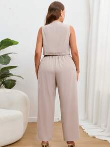 SHEIN Essnce Plus Button Front Vest Blazer & Slant Pocket Pants Graduation,Back To School,Teacher Outfits For Women In Fall/Winter - Khaki - View 2