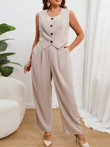 SHEIN Essnce Plus Button Front Vest Blazer & Slant Pocket Pants Graduation,Back To School,Teacher Outfits For Women In Fall/Winter - Khaki - View 3