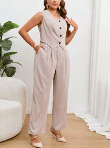 SHEIN Essnce Plus Button Front Vest Blazer & Slant Pocket Pants Graduation,Back To School,Teacher Outfits For Women In Fall/Winter - Khaki - View 4