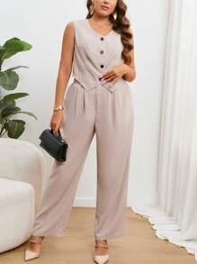 SHEIN Essnce Plus Button Front Vest Blazer & Slant Pocket Pants Graduation,Back To School,Teacher Outfits For Women In Fall/Winter - Khaki - View 5