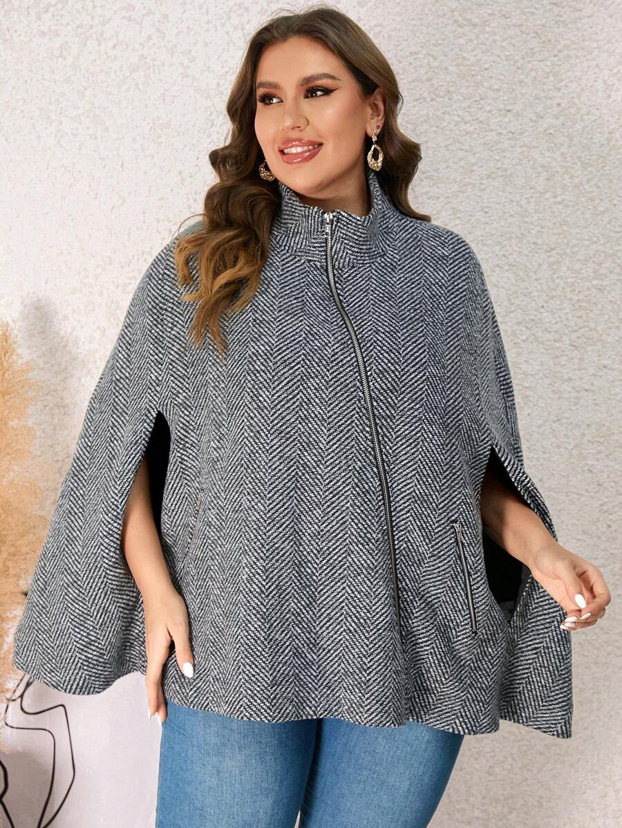 SHEIN Clasi 大碼滿版印花斗篷袖花呢外套 - 灰色 - 查看 1