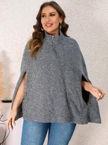 SHEIN Clasi 大碼滿版印花斗篷袖花呢外套 - 灰色 - 查看 5