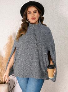 SHEIN Clasi 大碼滿版印花斗篷袖花呢外套 - 灰色 - 查看 6