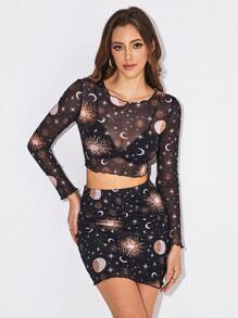 Inked in Red Artist Galaxy 印花生菜边饰网眼上衣和紧身裙，适合假期 - 黑色 - 查看 3