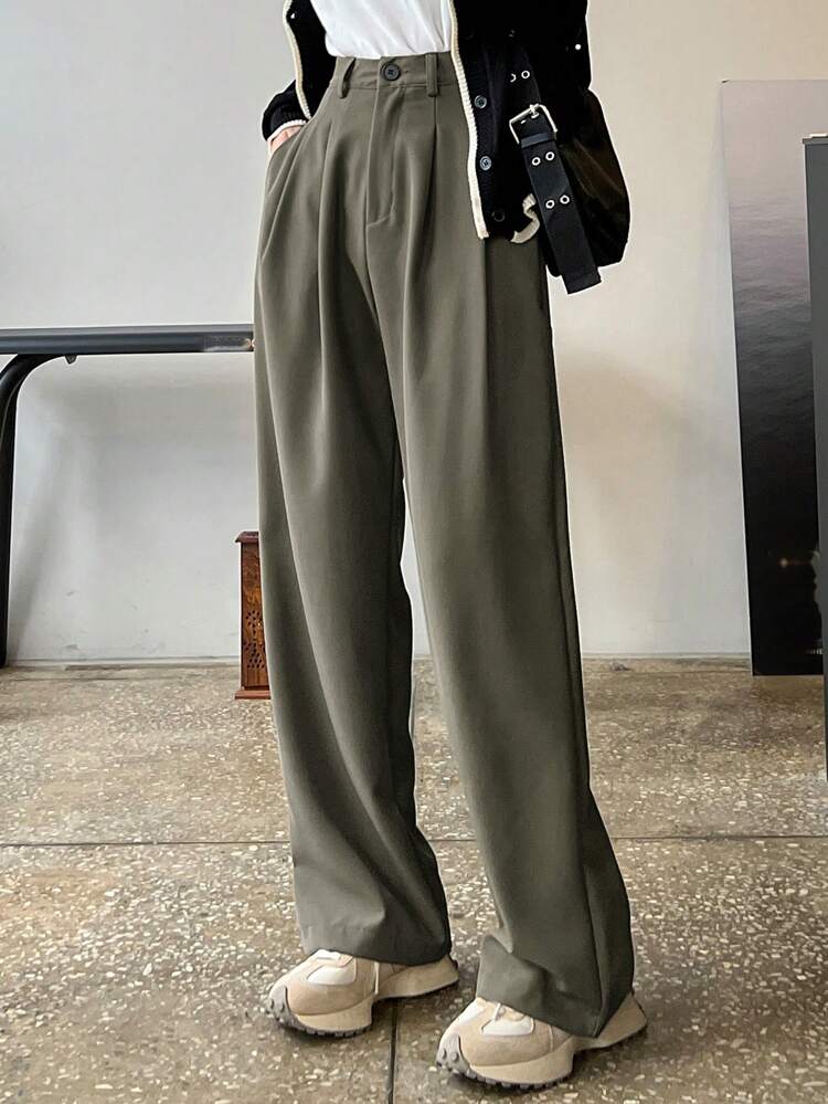 High Waist Plicated Detail Wide Leg Pants,Women Dress Pants,Back To School Clothes Fall
