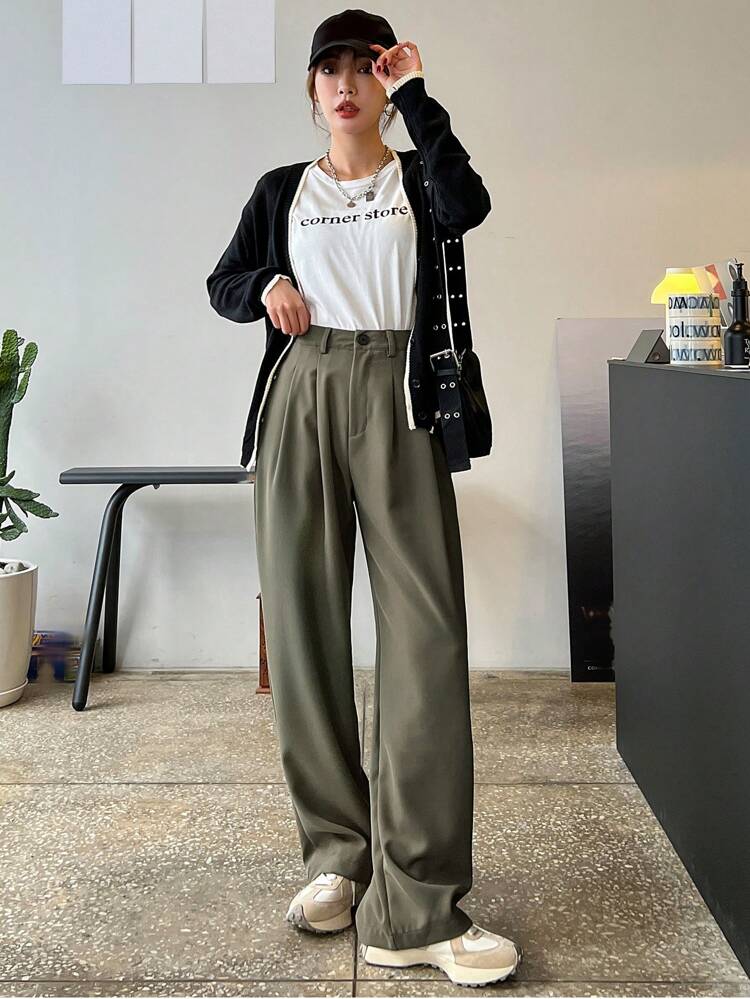 High Waist Plicated Detail Wide Leg Pants,Women Dress Pants,Back To School Clothes Fall