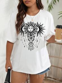 INAWLY Plus Sun & Moon Print Drop Shoulder Tee Graphic Tees Women Tops - White - View 3