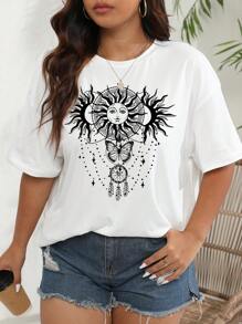 INAWLY Plus Sun & Moon Print Drop Shoulder Tee Graphic Tees Women Tops - White - View 5