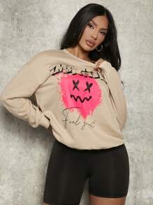 SHEIN SXY Letter & Cartoon Graphic Drop Shoulder Sweatshirt - Khaki - View 1