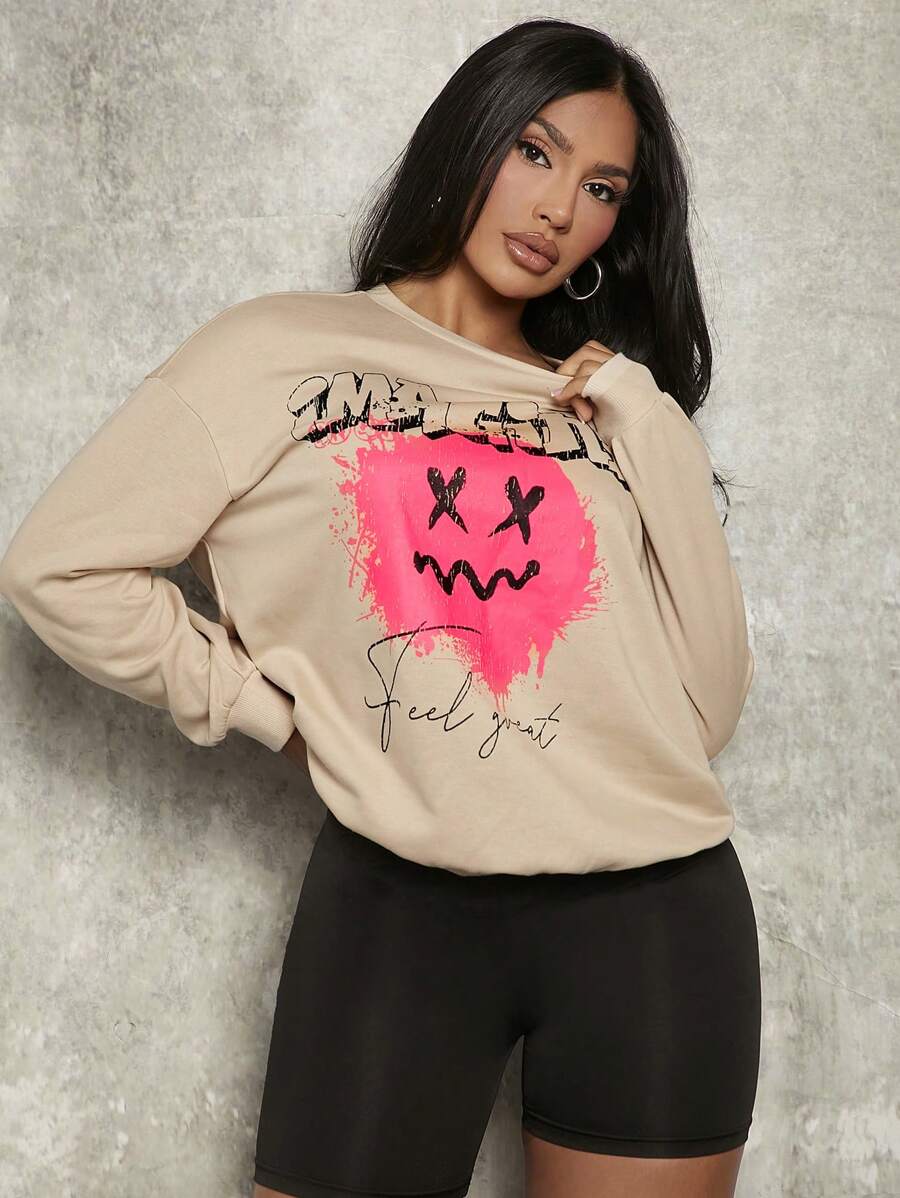 SHEIN SXY Letter & Cartoon Graphic Drop Shoulder Sweatshirt - Khaki - View 1