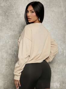 SHEIN SXY Letter & Cartoon Graphic Drop Shoulder Sweatshirt - Khaki - View 2