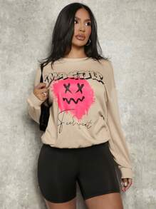 SHEIN SXY Letter & Cartoon Graphic Drop Shoulder Sweatshirt - Khaki - View 3