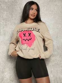 SHEIN SXY Letter & Cartoon Graphic Drop Shoulder Sweatshirt - Khaki - View 4