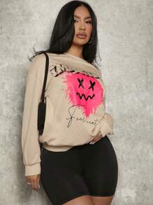 SHEIN SXY Letter & Cartoon Graphic Drop Shoulder Sweatshirt - Khaki - View 5