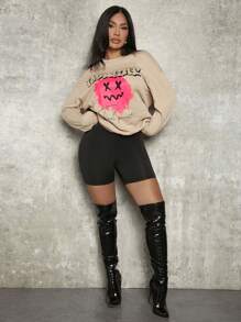 SHEIN SXY Letter & Cartoon Graphic Drop Shoulder Sweatshirt - Khaki - View 6