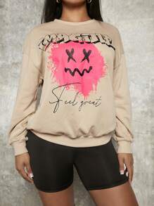 SHEIN SXY Letter & Cartoon Graphic Drop Shoulder Sweatshirt - Khaki - View 7
