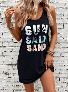 SHEIN LUNE Váy ngắn tay cổ chữ U in chữ thường ngày dành cho nữ, mùa hè - màu đen - Xem 1