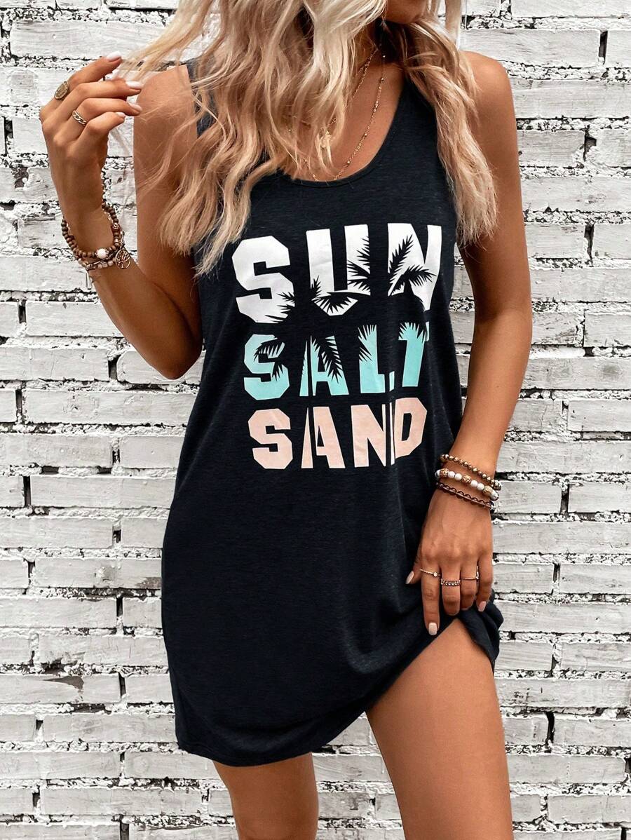 SHEIN LUNE Váy ngắn tay cổ chữ U in chữ thường ngày dành cho nữ, mùa hè - màu đen - Xem 1