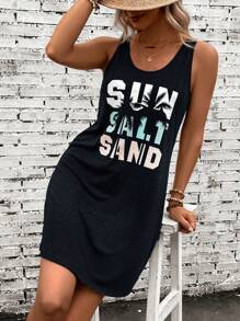 SHEIN LUNE Váy ngắn tay cổ chữ U in chữ thường ngày dành cho nữ, mùa hè - màu đen - Xem 5