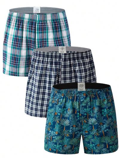 3 عبوات سراويل داخلية قطنية متعددة الألوان للرجال، مطبوعة بنقشة المربعات، سراويل داخلية مريحة وأنيقة، ألوان عشوائية