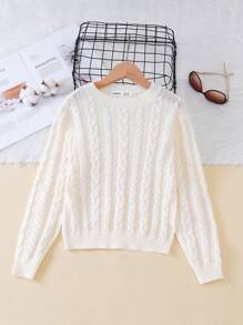 SHEIN Cô gái Tween Chất rắn Xoắn Dan Áo len - Màu be - Xem 1