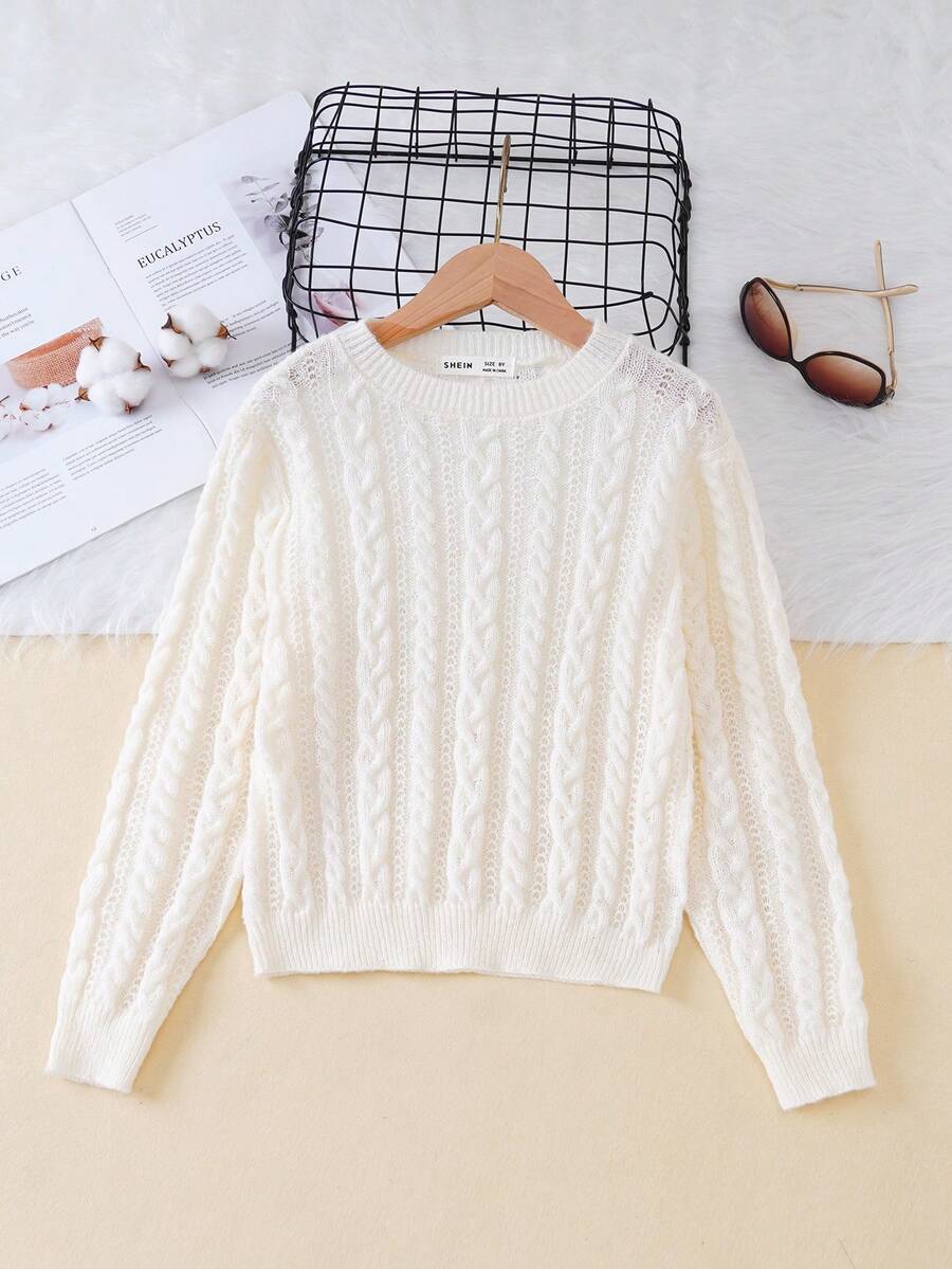 SHEIN Cô gái Tween Chất rắn Xoắn Dan Áo len - Màu be - Xem 1