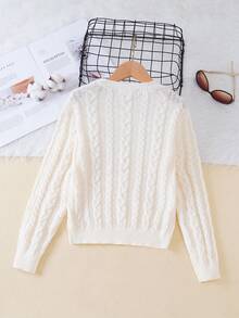 SHEIN Cô gái Tween Chất rắn Xoắn Dan Áo len - Màu be - Xem 2