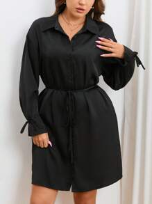 SHEIN Privé 大碼打結袖口腰帶襯衫連衣裙 - 黑色 - 查看 3