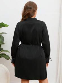 SHEIN Privé 大碼打結袖口腰帶襯衫連衣裙 - 黑色 - 查看 4