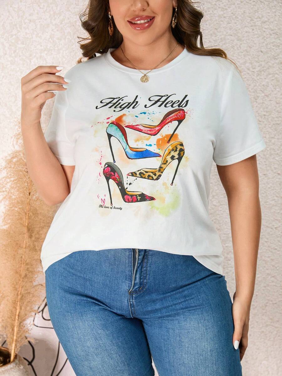 SHEIN LUNE 大碼鞋&字母圖案T恤 - 白色 - 查看 1