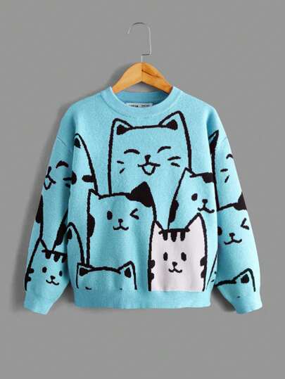 SHEIN Tween Girl Cat Pattern Drop Shoulder Sweater,In Fall/Winter