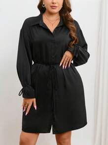 SHEIN Privé 大碼打結袖口腰帶襯衫連衣裙 - 黑色 - 查看 6