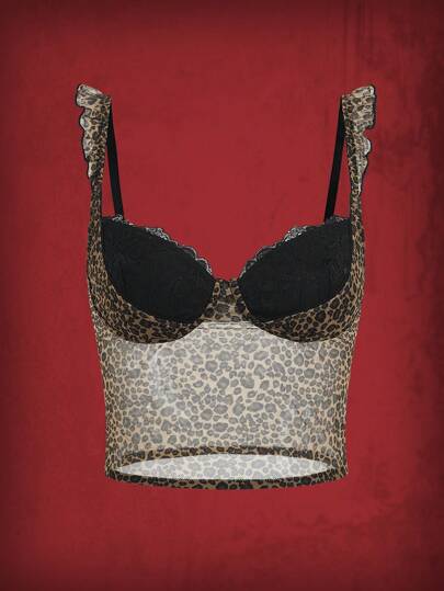 Grunge Punk Leopard Print Contrast Lace Ruffle Trim Mesh Bra, Lingerie