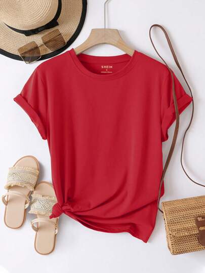 INAWLY Solid Round Neck Tee