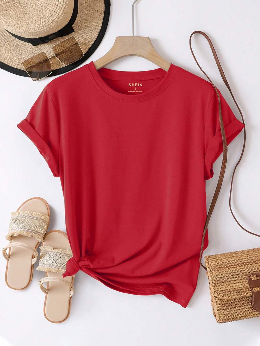 INAWLY Solid Round Neck Tee - Red - View 1
