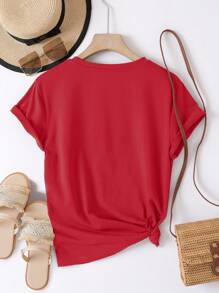 INAWLY Solid Round Neck Tee - Red - View 2