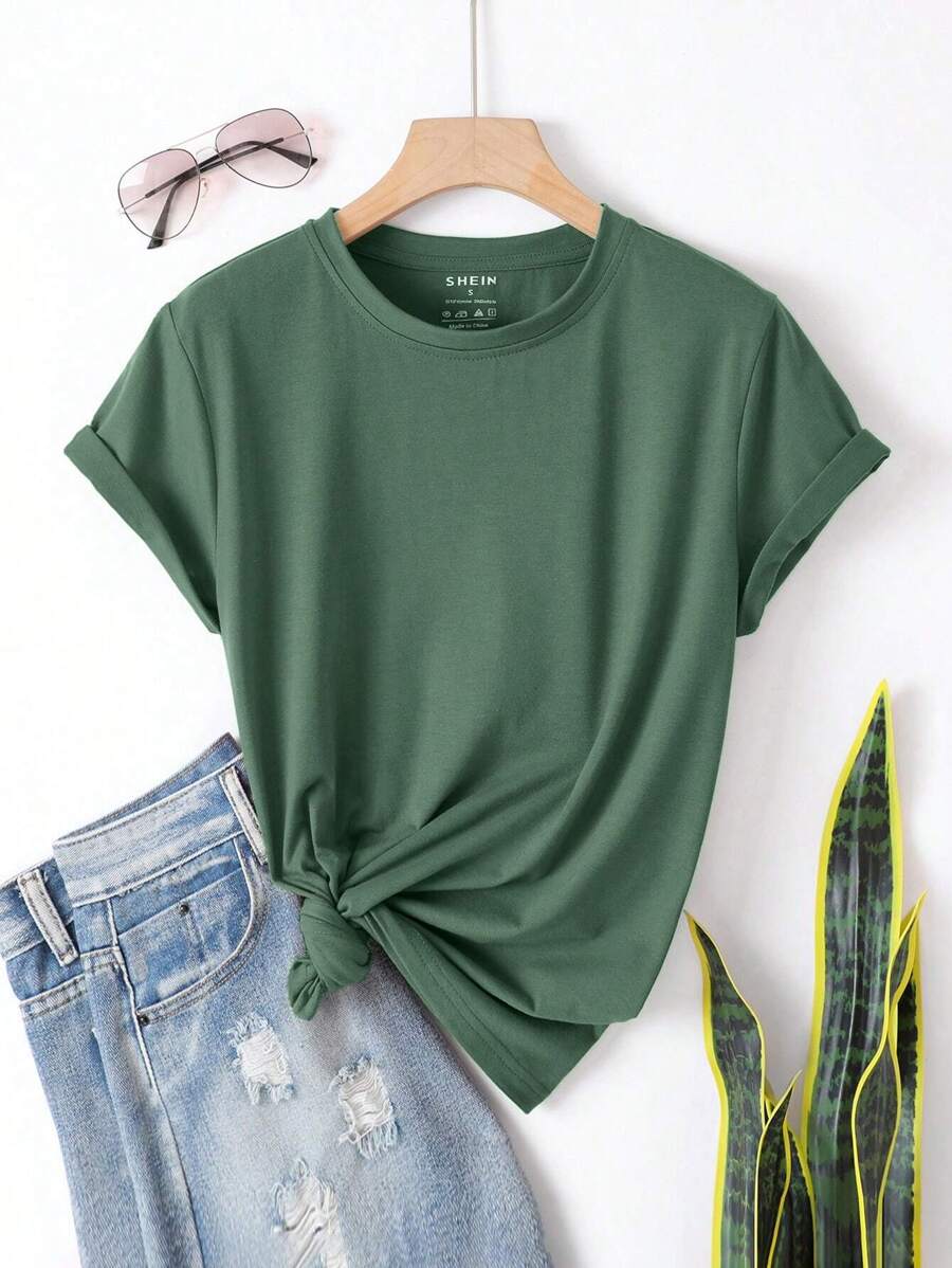 INAWLY Solid Round Neck Tee - Dark Green - View 1