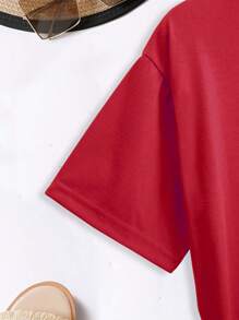 INAWLY Solid Round Neck Tee - Red - View 3