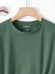 INAWLY Solid Round Neck Tee - Dark Green - View 4