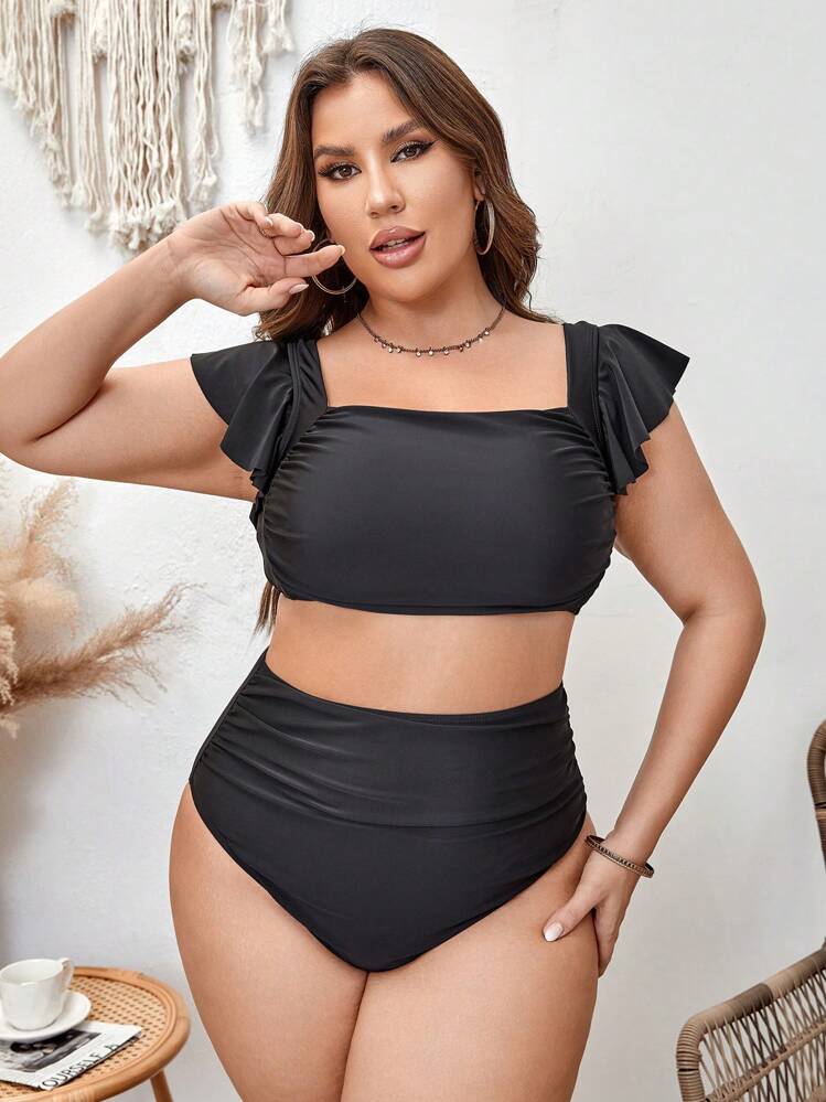 SHEIN Swim Curve Conjunto de bikini con ribete de volantes y plisado para tallas grandes - Negro - Añade 1
