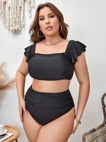 SHEIN Swim Curve Conjunto de bikini con ribete de volantes y plisado para tallas grandes - Negro - Ver 3